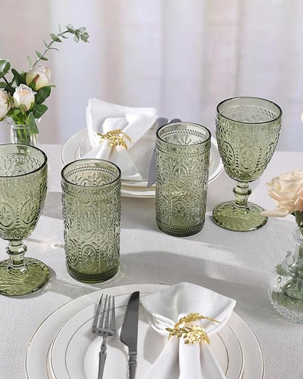 Green Drinking Glasses Set of 4, Vintage Drinking Glasses, Colored Glassware Drinking, Highball Beverage Glasses Cup, Vintage Glassware Set for Water, Juice, Cocktail, Coffee