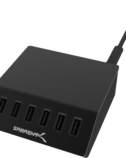 SABRENT Premium 60 Watt (12 Amp) 6 Port Aluminum Family Sized Desktop USB Rapid Charger.[UL Certified ] Smart USB Charger with Auto Detect Technology [Black] (AX-FLCH-B)