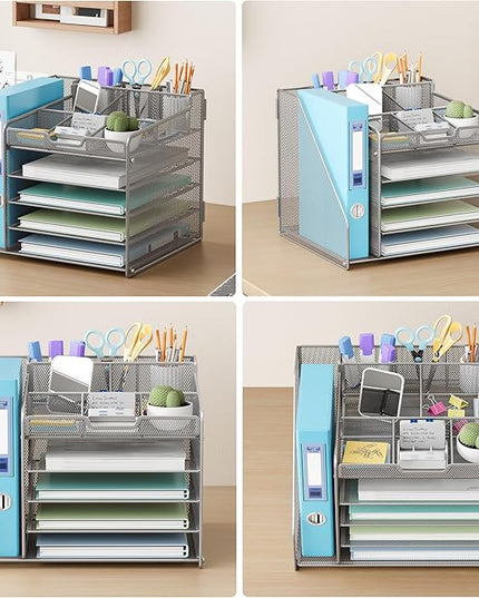 Lavatino 5-Tier Metal Mesh Desk Organizer with File Holder & 7 Customizable Compartments | Paper Letter Tray for Office or Home Desk Storage | Keep Workspace Supplies Neat & Organized, Silver