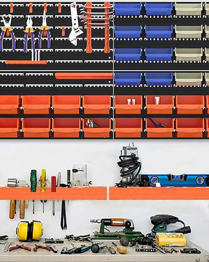 52PCS Wall Mounted Storage Bins Garage Storage Drawers with 4PCS Wall Mounting Peg Boards Workshop Parts Rack Container Tool Organizer Easy Access Compartments for Hardware Crafts Office Supplies