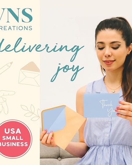 VNS Creations Thank You Cards With Envelopes Bulk Set & Stickers - 100 Pack 4x6 Blank Thank You Notes Bulk Box Set - Large Note Card Small Business, Wedding, Baby Shower & Bridal Shower - Light Blue