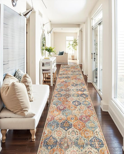 Lahome Moroccan Washable Runner Rug 2x10, Kitchen Runners for Hallways Rubber Backing Ultra-Thin Vintage Hallway Rug Non-Slip Stair Carpet for Entryway Bedroom Laundry Room, Cream/Multi