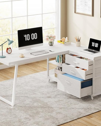 Tribesigns L-Shaped Computer Desk with 3 Drawers, Reversible Corner Home Office Desk with Shelves, 53-Inch Industrial PC Desk Study Writing Table Workstation for Small Space, White