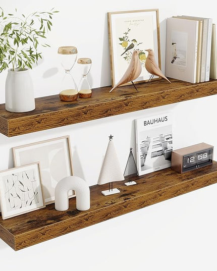 Fun Memories Floating Shelves for Room Wall, 36 Inch Long Shelf Set of 2， Hanging Wood Shelves for Storage & Display, Rustic Brown