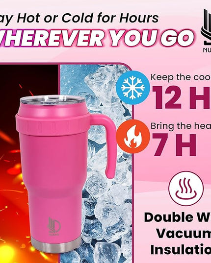 40 Oz Tumbler with Handle & Straw Lid, Insulated Stainless Steel Vacuum Flask, Double Wall Thermal Car Cup for Hot & Cold Drinks, Leak Proof, BPA Free (Rose Pink)