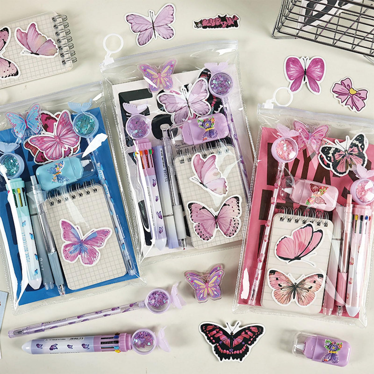 MOZXIRZ 9 Pcs Cute Butterfly Stationery Set for Women Back to School Supplies Office Supplies Kawaii Stationery Gift (Butterfly-Purple)