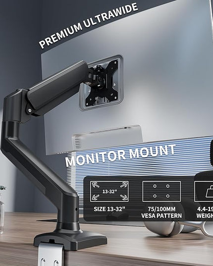 Single Monitor Arm Desk Mount，Gas Spring Monitors Arm for 17-32 inch Screens,Adjustable Computer Monitors Stand up to 4.4 to 19.8 lbs,Vesa Mount with Clamp and Grommet Base, VESA 75 & 100mm