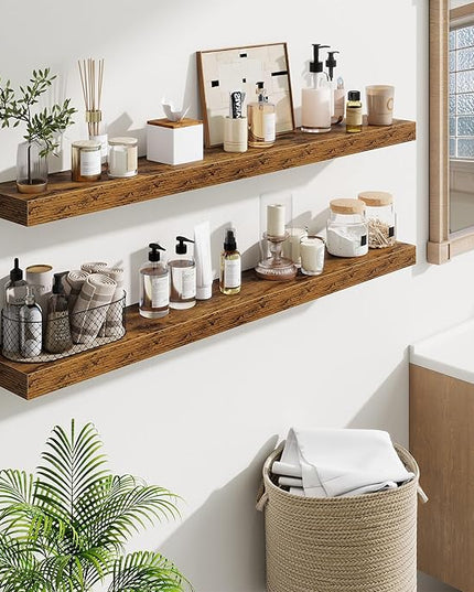 Fun Memories Floating Shelves 48 Inch, Extra Large Wood Shelf Set of 2, Hanging Wall Shelves for Bathroom, Living Room, Kitchen, Bedroom, Rustic Brown