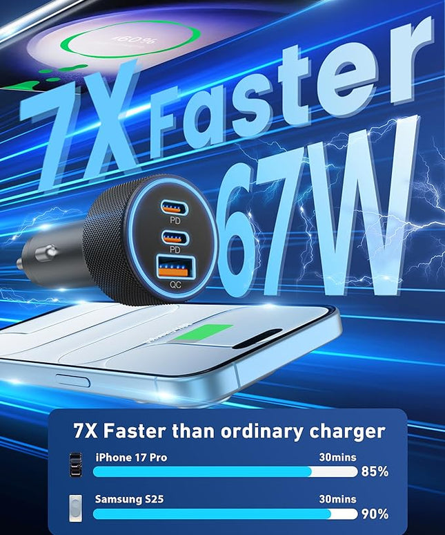 USB C Car Charger, 3-Port 67W Dual USBC & USB-A Car Phone Accessories Fast Power Adapter Cargador Carro PD/QC Cigarette Lighter for iPhone 17/16/15, iPad, Samsung Galaxy S25/S24, Android, 2-Pack