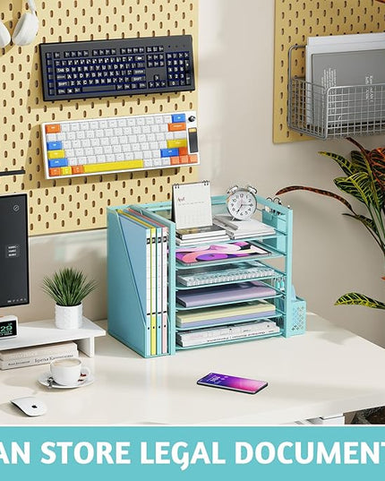 Simple Trending 6 Tier Desk File Organizer, Paper Letter Tray Organizer with File Holder and Pen Container, Blue