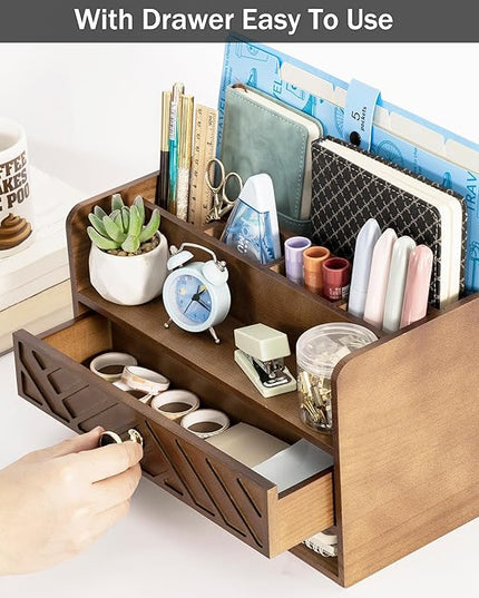 Brown Wood Desk Organizer and Accessories with Drawer, Bill Mail Organizer and File Mail Holder for Office Supplies, Desk Accessories & Workspace Organizers