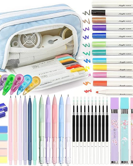 Ristpal 42 PCS Aesthetic School Supplies with Large Pencil Case, 12 Marker Pens with box, 5 Black Ink Gel Pens, 6 Mechanical Pencils Set, Sticky Notes, Complete Essentials Stationery Kit for Students