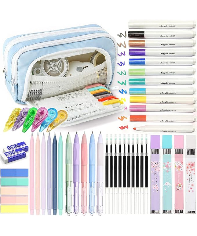 Ristpal 42 PCS Aesthetic School Supplies with Large Pencil Case, 12 Marker Pens with box, 5 Black Ink Gel Pens, 6 Mechanical Pencils Set, Sticky Notes, Complete Essentials Stationery Kit for Students