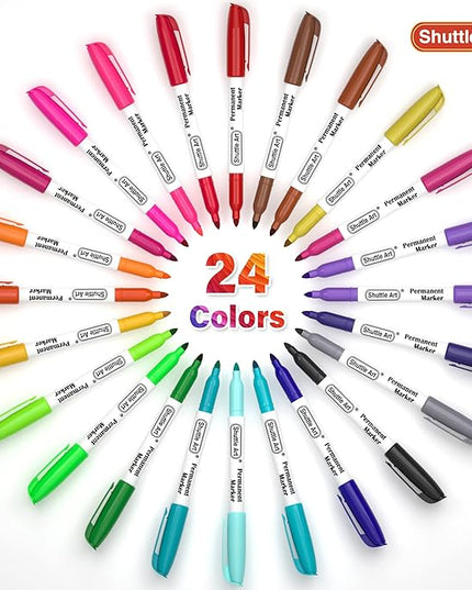 Shuttle Art Permanent Markers, 24 Colors Fine Point Assorted Colors Permanent Marker Set, Works on Plastic,Wood,Stone,Metal and Glass for Doodling, Coloring, Marking