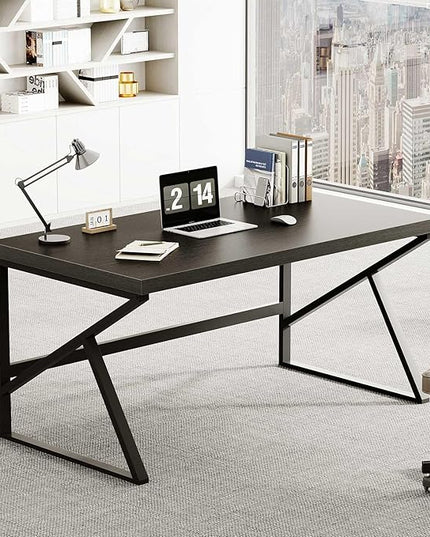 HSH Black Desk, Modern Industrial Home Office Computer Desk, Laptop PC Desk for Student Work Writing Study Gaming, Simple Metal and Wooden Computer Table in Bedroom Living Room Workstation, 55 Inch