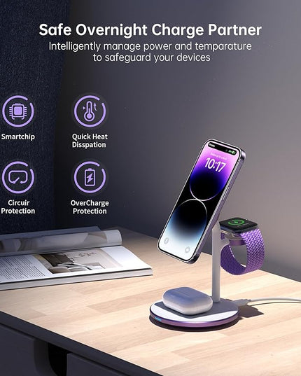 XooFly 3 in 1 Wireless Charging Station for Apple Devices, Fast Wireless Mag-Safe Charger Stand with 20W Adapter for iPhone 17/16 15 14 13 12 Pro Max/Pro/Plus/Air/Mini, iWatch, AirPods (Lavender)