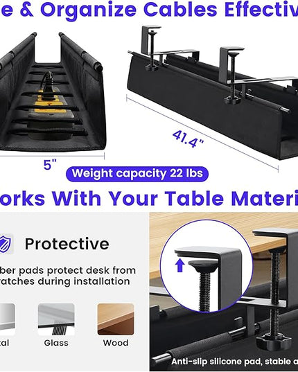 Under Desk Cable Management Tray, Clamp-On Cord Organizer，No Drilling Required, Holds Up to 22 lbs, for Cords, Routers, Power Strips (Black, 28.4inch)