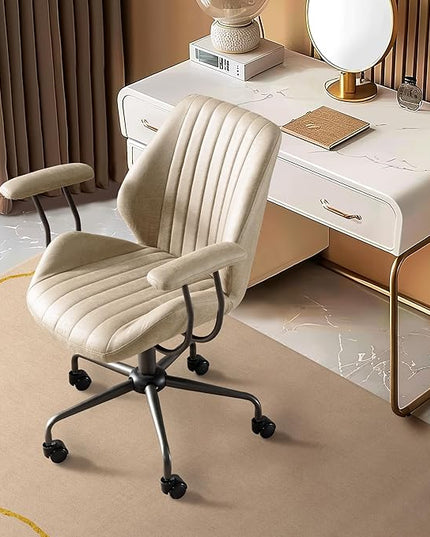 Mid Century Modren Office Chair - Fuax Leather Suede Brown Executive Chairs Ergonomic Mid Back with Lumbar Support, Swivel Computer Desk Task Chair with Wheels for Home Office (Beige, Mid Back)