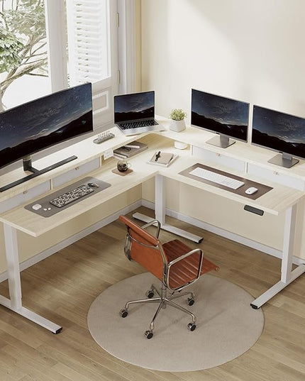 FLEXISPOT 71" L Shaped Standing Desk Electric Corner Table with Shelf, 4 Storage Drawers, Adjustable Computer Workstation for Home, Office, Game, Studio, USB Charger, Light Maple Top + White Frame