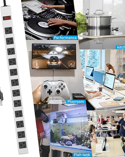 JUNNUJ Metal 12 Outlet Power Strip, Mountable Heavy Duty Power Strip, 1200J Surge Protector Wall Mount Screws Outlet with Switch, Gaming Desk Strips Wide Spaced 15A 125V 1875W, 10 FT 14AWG Power Cord