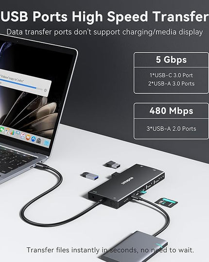 USB C Hub USB C Docking Station Dual Monitor 4K@60Hz+DP 8K@30Hz for Dell HP, Laptop Docking Station 3 Monitors 15 in 1 USBC Dongle Multiport Adapter with USB A Port+Button+PD+Ethernet+SD/TF+Audio