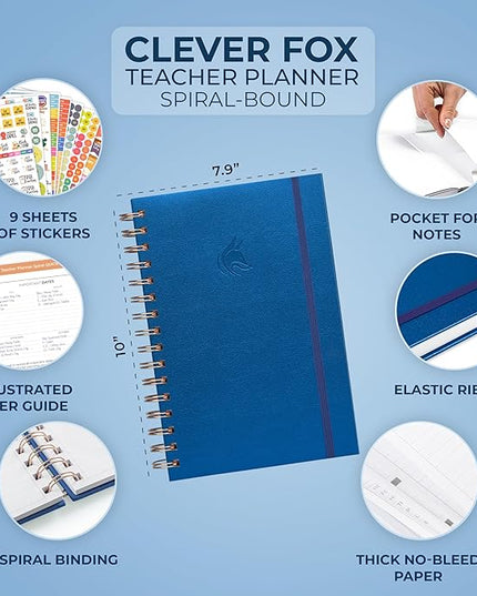 Clever Fox Teacher Planner Spiral – School Year Planner with Calendars & Lesson Plans – Teacher Plan Book for Classroom & Homeschool Organization - Undated, 7.9x10″ (Mystic Blue)