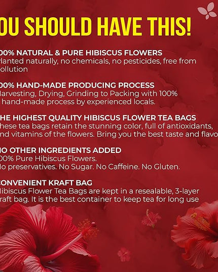 FreshDrinkUS, Premium 140 Hibiscus Flowers Tea Bags, 100% Natural, Handmade & Pure from Hibiscus Flowers. No Sugar/Caffeine/Gluten, Vegan. Tart & Refreshing, Hot or Ice Tea, Great For All Seasons