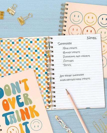 Cute Notebooks for School 4 Pack, A5 5.8 x 8.3 inch Happy Face Hardcover Notebooks for Work, Retro Aesthetic Notebooks College Ruled, Cute Spiral Journal for Women, Back to School Notebook for Kids