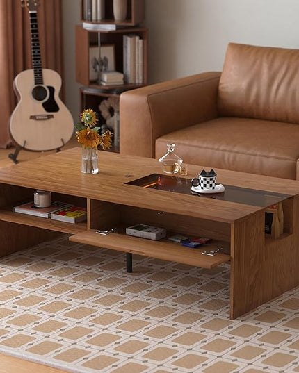 NessCarsti Coffee Table with LED Lights, 51" Modern Rectangular Living Room Center Table with Storage Shelves & Hidden Compartment, Stylish Tea Table for Apartment, Home, Office