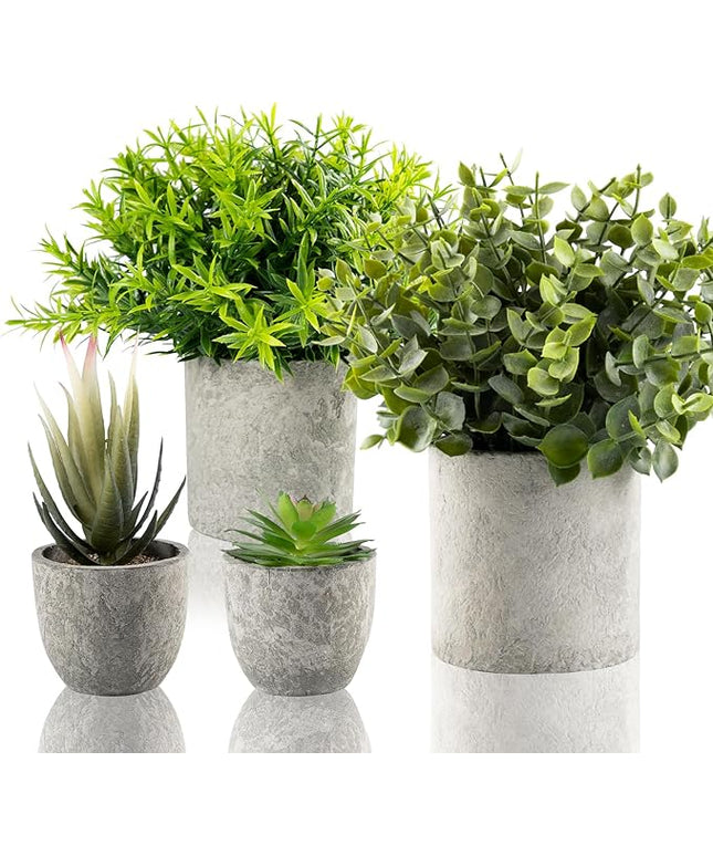 Lemonfilter 4 Pack Fake Plants, Small Eucalyptus Rosemary Succulents Artificial Mini Faux Potted Plants Fake Plant Indoor for Home Bathroom Bedroom Office Desk Desk Shelf Decor