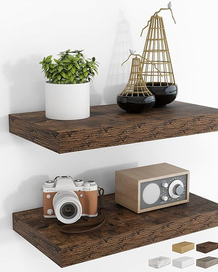 RICHFOCUS 16Inch Floating Shelves for Wall 2 Pack Shelves for Bedroom|Kitchen|Bathroom Wall Mounted Rustic Wood Floating Shelf with Invisible Brackets for Books|Storage|Decor, Rustic Brown
