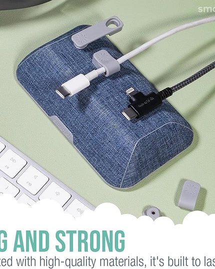 Smartish® Magnetic Cord Holder - Bigger Cable Wrangler Stocking Stuffer Organizer with Magnet Clips for Charger Management on Desktop, Nightstand - Holds 6+ Cables - Blue Jeanie