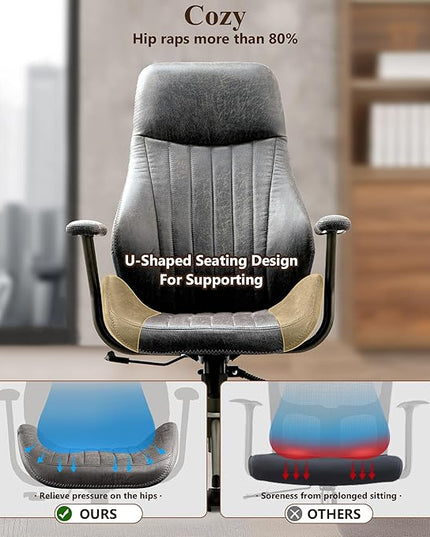 Mid Century Modren Office Chair,High Back Ergonomic Executive Chair with Lumbar Support, Computer Desk Swivel Task Chair with Wheels, Faux Lether Suede Fabric Home Chair (High Back, Grey)