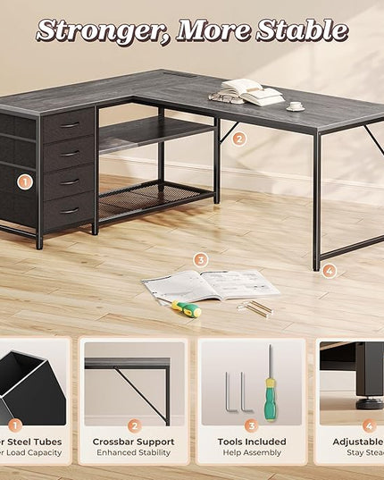 PRAISUN 53" L Shaped Desk with Power Outlets and USB-C Port, Reversible Computer Corner Office Desk with 4 Fabric Drawers and 2 Height-Adjustable Shelves, Large for Gaming Writing Work Study, Grey
