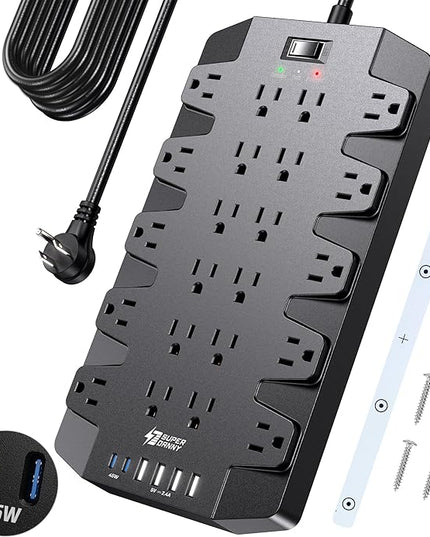 SUPERDANNY Power Strip Surge Protector with 15ft Extension Cord - 22 Outlets, 6 USB Ports, 45W Fast Charging - 1875W/15A, 2100J, 45°Plug, Mountable - Ideal for Home, Office, Gaming, PC, Streaming