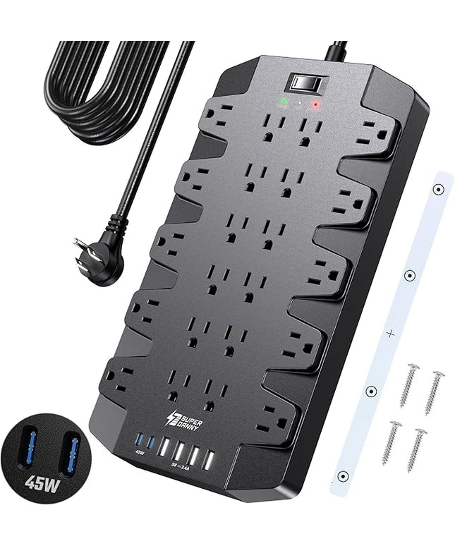 SUPERDANNY Power Strip Surge Protector with 15ft Extension Cord - 22 Outlets, 6 USB Ports, 45W Fast Charging - 1875W/15A, 2100J, 45°Plug, Mountable - Ideal for Home, Office, Gaming, PC, Streaming
