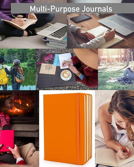Simply Genius A5 Dotted Hardcover Notebook - Compact Travel Journal - Durable Hardcover Journal with Flat-Lay Binding - Gusseted Pocket & Elastic Band Notebook Set - 4-Pack, 192 pg, 5.7x8.4 in, Orange