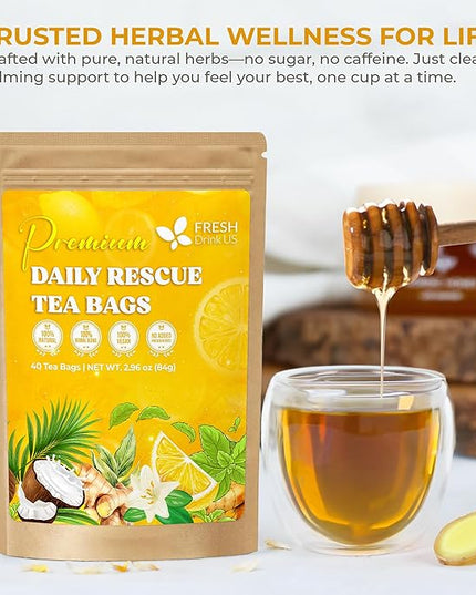 FreshDrinkUS, Premium 40 Tea Bags Daily Rescue Lemon Ginger Tea - 9 Superherbs – 100% Natural Ingredients, Tea Mix for Wellness Boost - Shelf-Stable, Caffeine-Free, Sugar-Free, Vegan