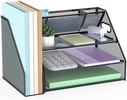 Docnest 3 Tier Metal Mesh Desk Organizer - Letter Tray with Built-in Pen Holder & Handle, Black