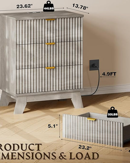BORNOON 30.5" Nightstand with Charging Station, 3-Drawer Fluted Bedroom Chest, Wood Bedside Dresser with Power Outlets and USB Ports, Metal Slides, Stable Base, Modern Storage Cabinet for Small Spaces
