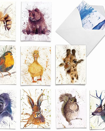 The Best Card Company - Assorted All Occasions Animal Watercolor Blank Greeting Notecard Box Set - Incl. 10 Unique Designs + Envelopes, Thank You, Invitations - Wildlife Splash AM2954OCB-B1x10