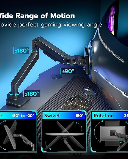 ARES WING Ultrawide Monitor Arm with USB A/C, for 17 to 49 inch Heavy Duty Screen, Holds 44 lbs, Adjustable Gas Spring Arm Desk Mount with Clamp and Grommet Base, Black