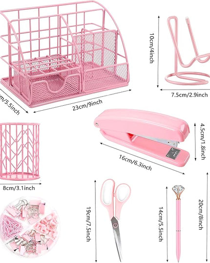 Pink Desk Organizers and Accessories Office Supplies Set Stapler, Pen Holder, Phone Holder, Scissors, Pen, Ruler, 30 Paper Clips, 22 Binder Clip, 20 Tacks and 1000pcs Staples