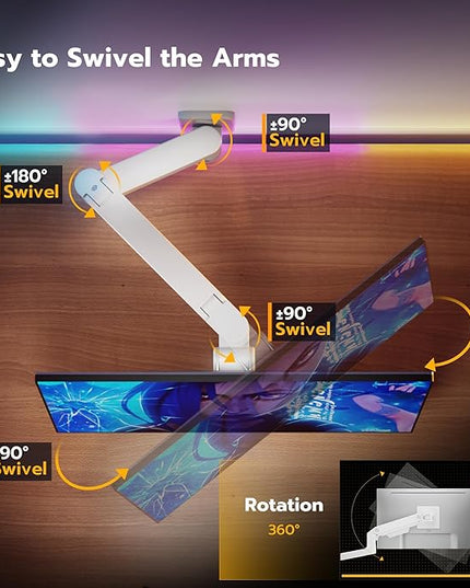 ARES WING Wall Mount Monitor Arm for 17-49 Inch Ultrawide Screens, Heavy Duty Single Monitor Mount Holds 44 lbs, Fully Adjustable Gas Spring Wall Mount, 75x75/100x100 VESA Mount, White