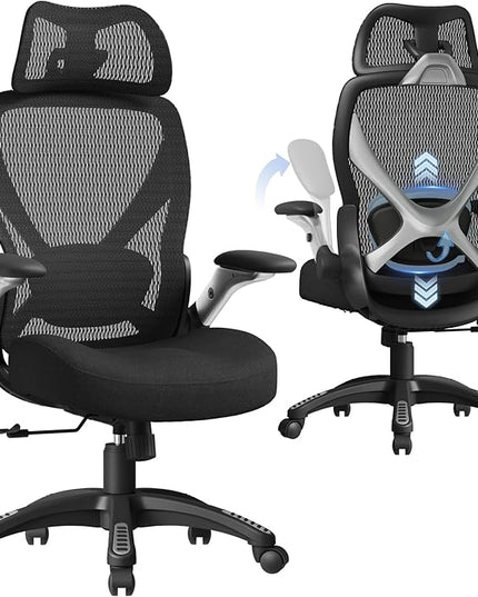 ELABEST X100 Ergonomic Mesh Office Chair, Big and Tall Hone Desk Chair with 5D Flip-Up Arms, Adjustable 3D Lumbar Support,Gaming & Executive Computer Chairs for Long Hours, Padded Seat