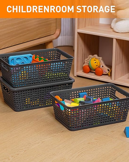 Plastic Storage Baskets With Lid, Storage Bins for Organizing, Stackable Decorative Containers for Shelves Drawers Desktop Closet Playroom Classroom Office,10 Pack-Grey