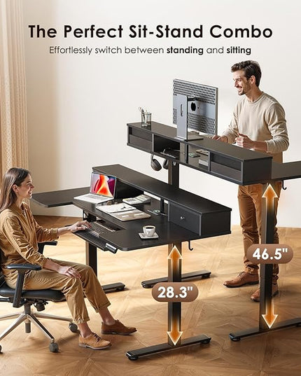 OffiGo U Shaped Electric Standing Desk with Drawers, 55 Inch Height Adjustable Desk with Keyboard Tray ＆ Ergonomic Monitor Stand, Sit Stand Table with Power Outlets for Home, Office, Black