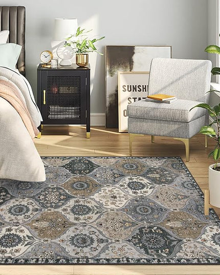 Lahome Moroccan Machine Washable Area Rugs, 4x6 Rug for Living Room Bedroom, Soft Non-Slip Rug Vintage Trellis Ultra-Thin Throw Carpet for Dining Room Office, Grey