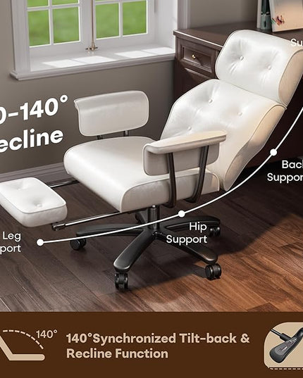 Criss Cross Chair with Wheels and Arms, Reclining Office Chair with Footrest and Wide Seat, Leather Big and Tall Desk Chair 400LBS, Button Tufted Vintage Design, White