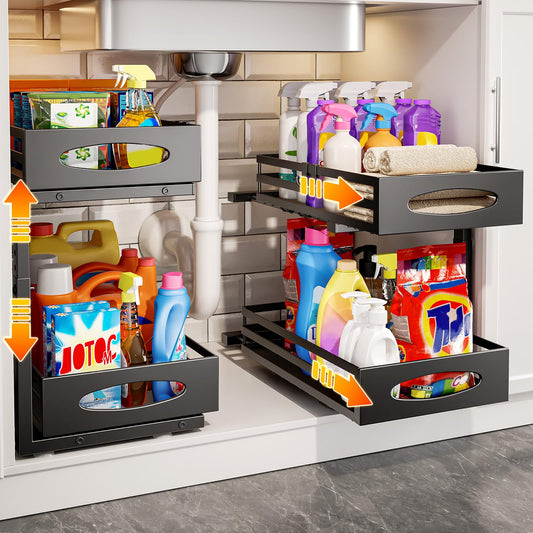 mixeshop Under Sink Organizer, 2 Tier Under Sink Organizers and Storage, Adjustable Height, Slide out Metal Cabinet Organizers, Pull out Cabinet Storage Drawer Shelf for Kitchen Bathroom (Black, 2)